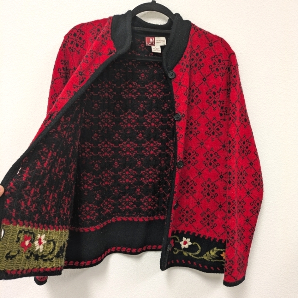 Y2K JM Collection Red & Black Knit Floral Sweater Cardigan sz L Holiday - Picture 8 of 10